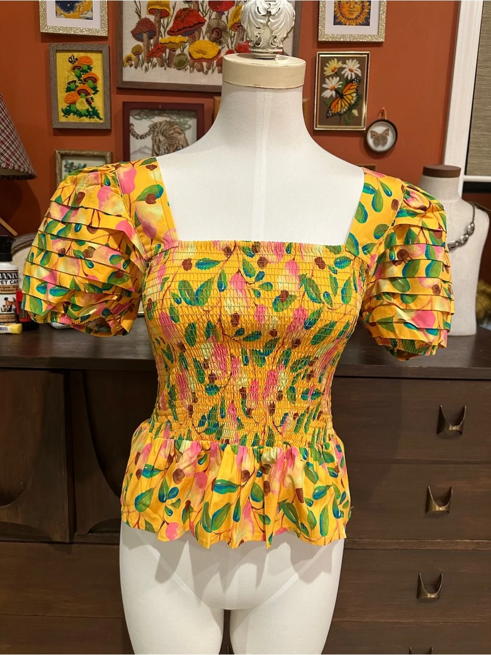 FARM Rio Yellow Smocked Floral Puff-Sleeve Top